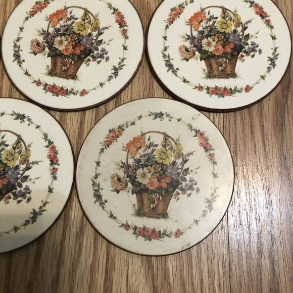 English Life Coasters Set of 5 Cork Back Flower Baskets VTG Made In England - Picture 2 of 5